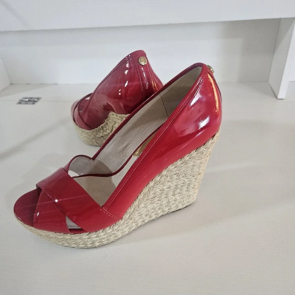 MICHAEL Michael Kors Red Patent Leather Espadrille Wedge Sandals Size 8.5M